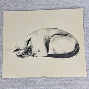 VTG Yeisha Slumber Cat Original Sketch Signed Portfolio of Cats Mid Century Art